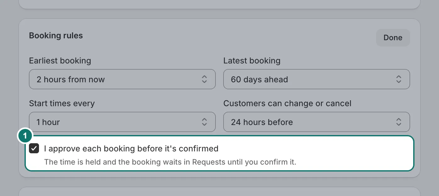 The Booking rules section of a service, with I approve each booking before it's confirmed ticked.