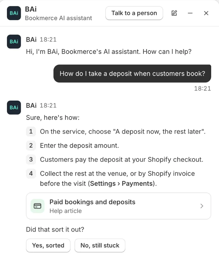 BAi answering “How do I take a deposit when customers book?” with four short steps and a link to the help article