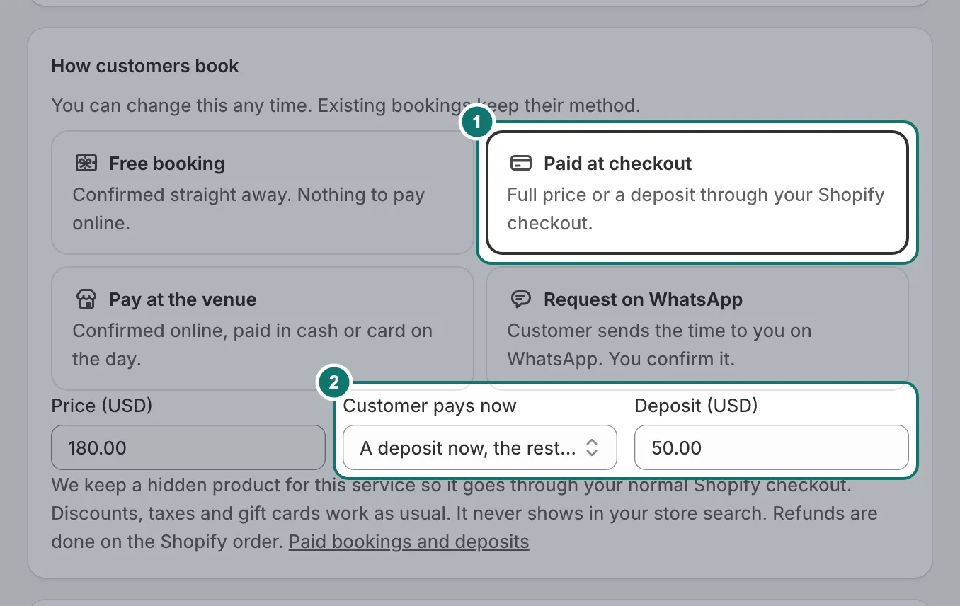 The How customers book section of a service: Paid at checkout is chosen, with a $50 deposit on a $180 price.