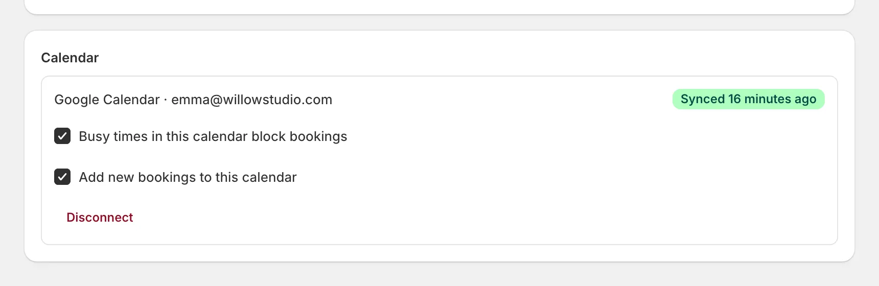 A staff member's Calendar section: Google Calendar connected and synced, with both options ticked and Disconnect.