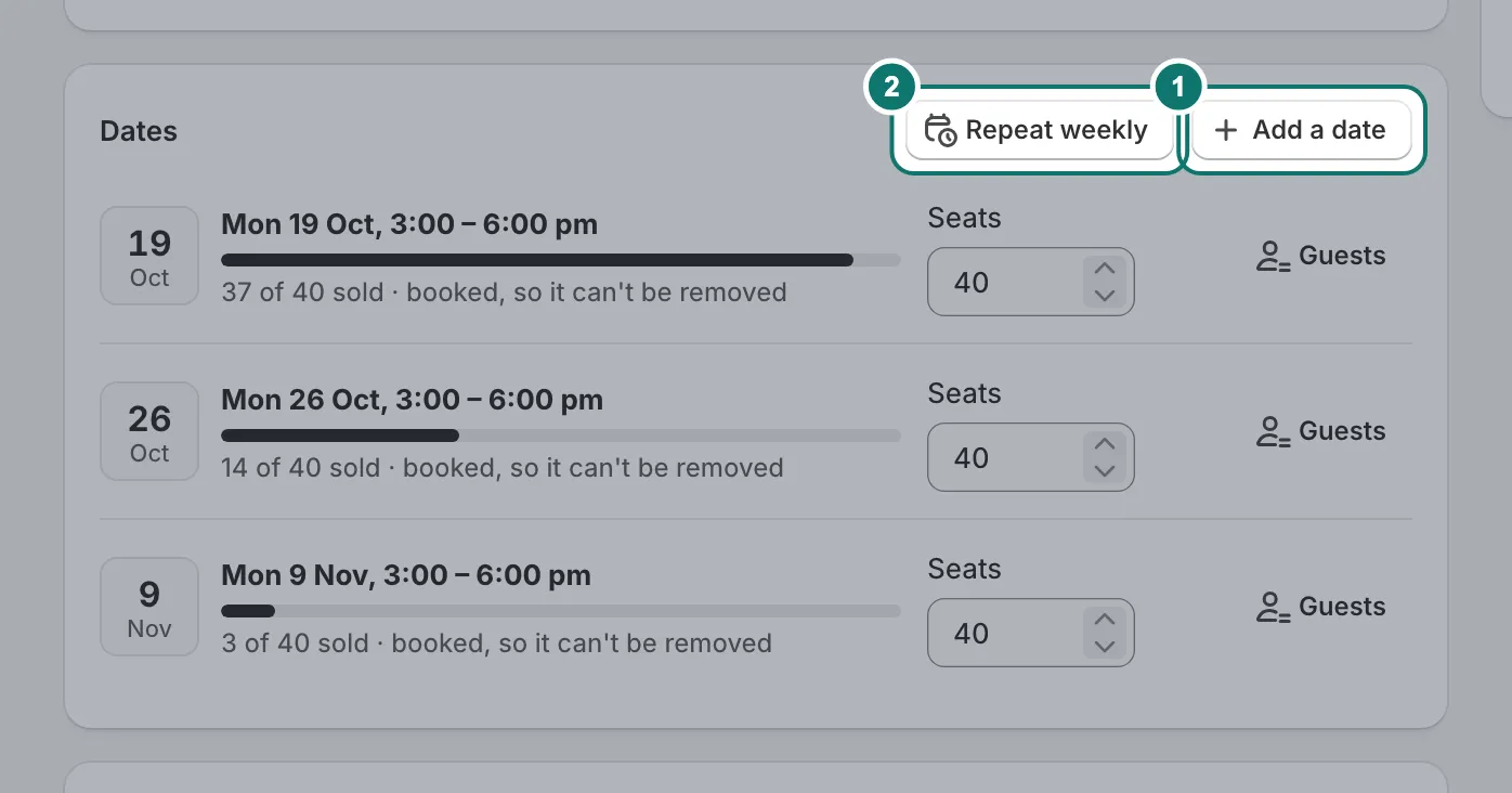 An event's Dates: three dates, each with seats sold, a seats number and Guests.
