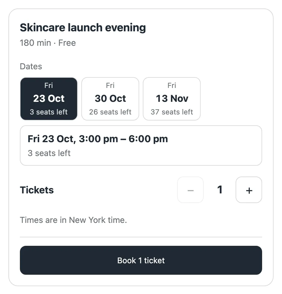 The booking form for an event: three dates with seats left, a ticket count and Book 1 ticket.