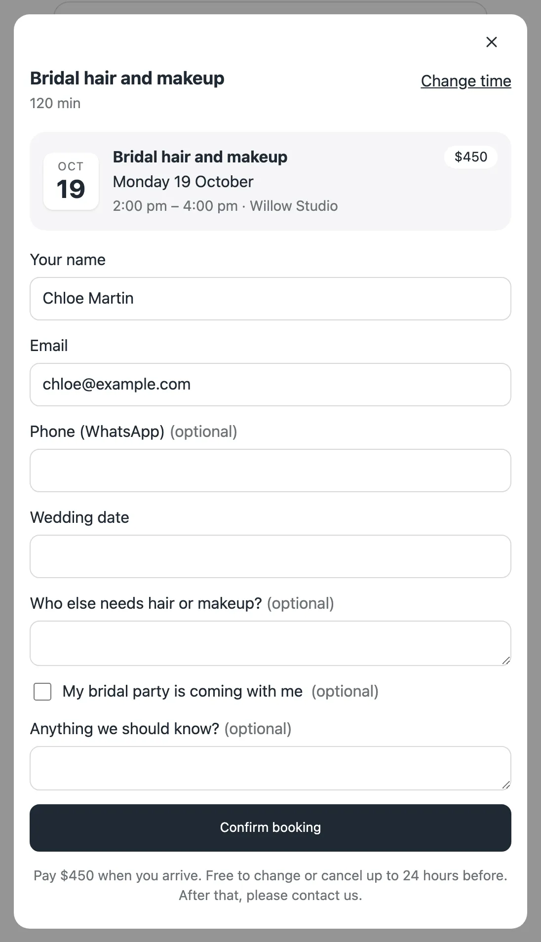 A booking form with the service's own questions: wedding date, who else needs hair or makeup, and a tick box.