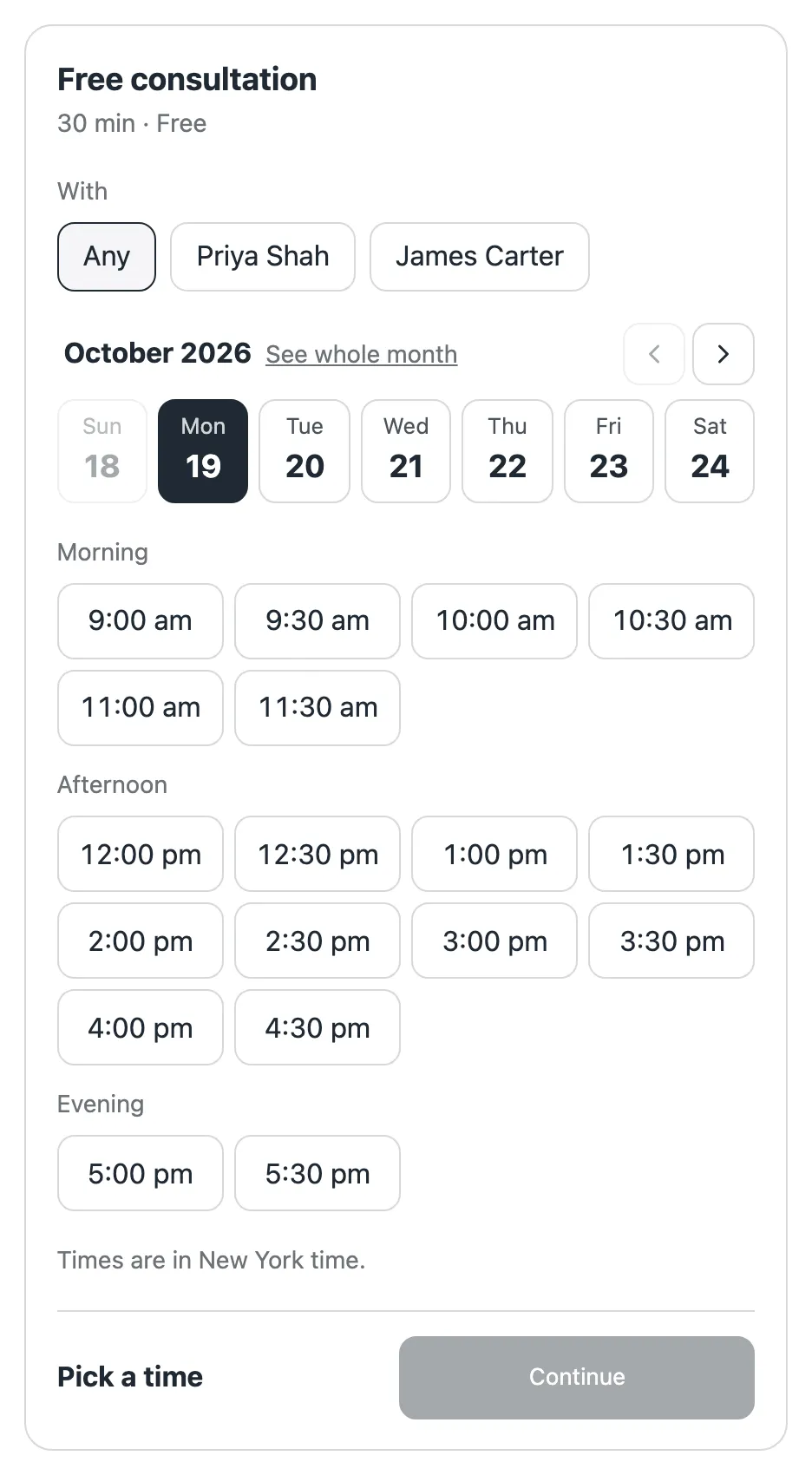 The booking form on a store: a free consultation, with staff to choose from, days and free times.