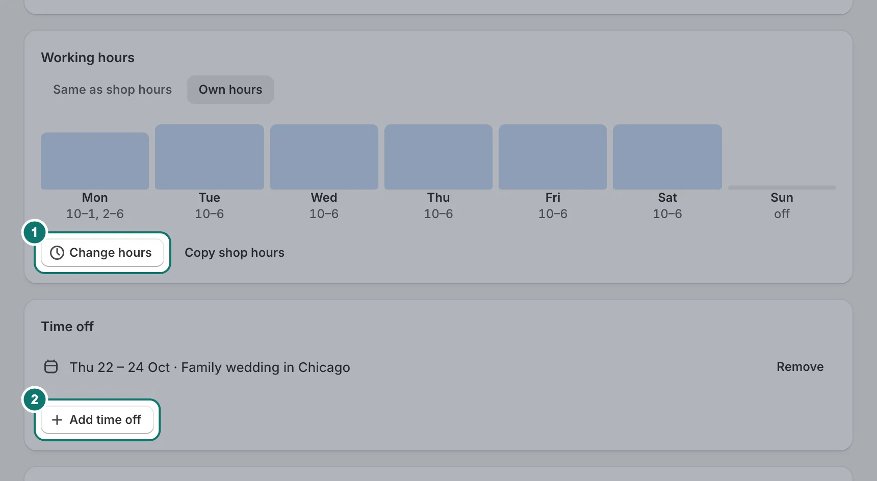A staff member's working hours as day bars, and their time off.