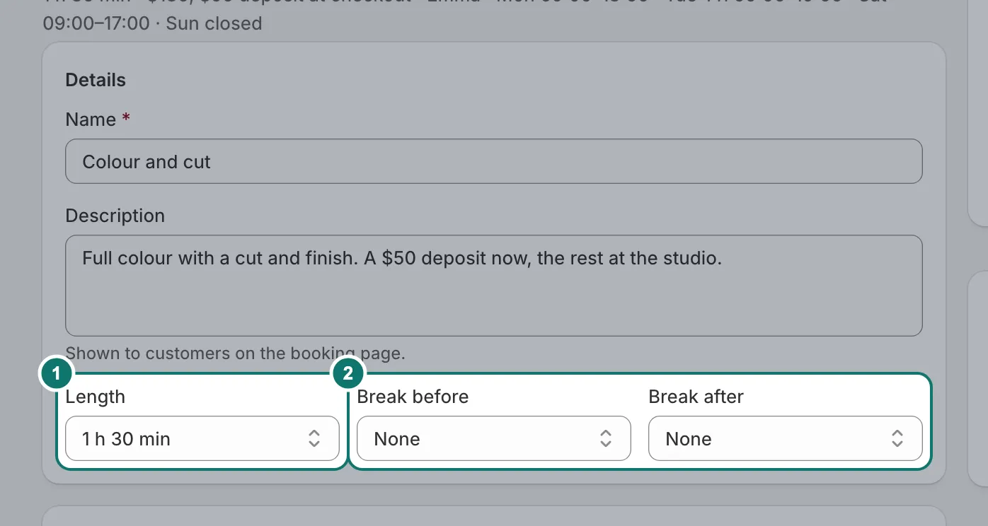 A service's details: Length, Break before and Break after.