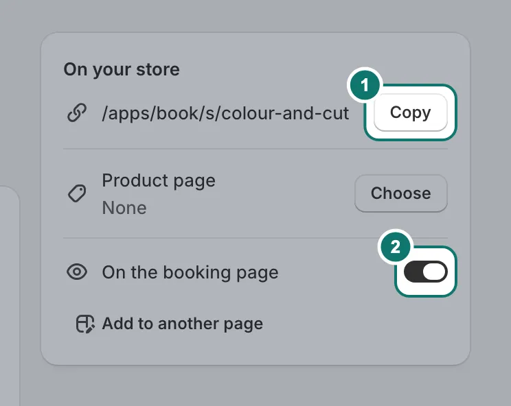 The On your store box on a service: its link with Copy, and the On the booking page switch.