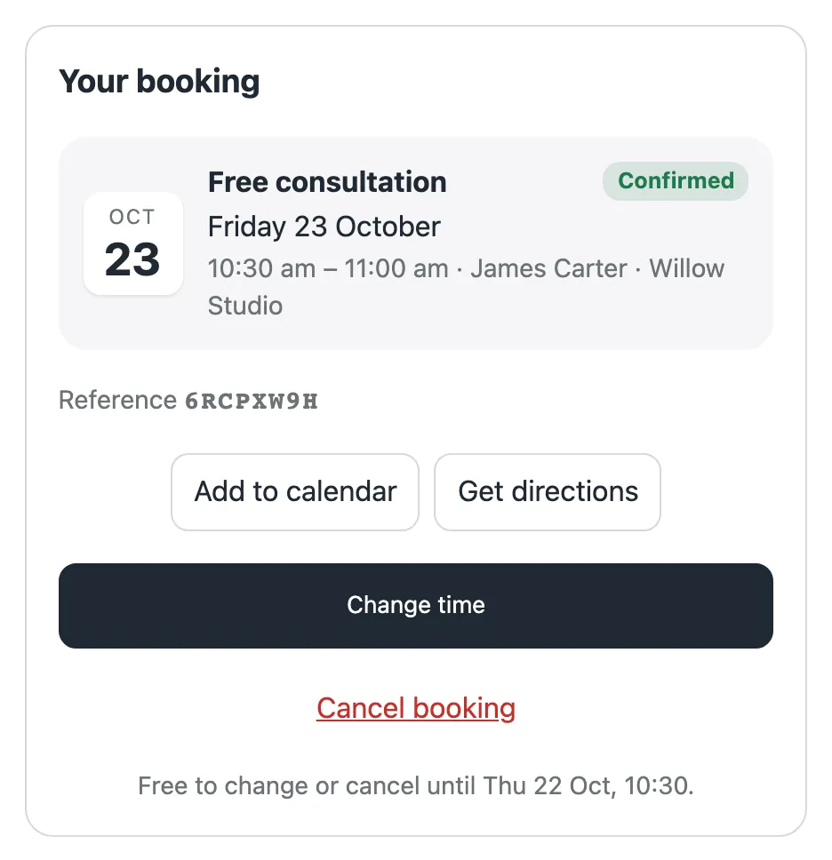 The customer's booking page: the booking, Add to calendar, Get directions, Change time and Cancel booking.