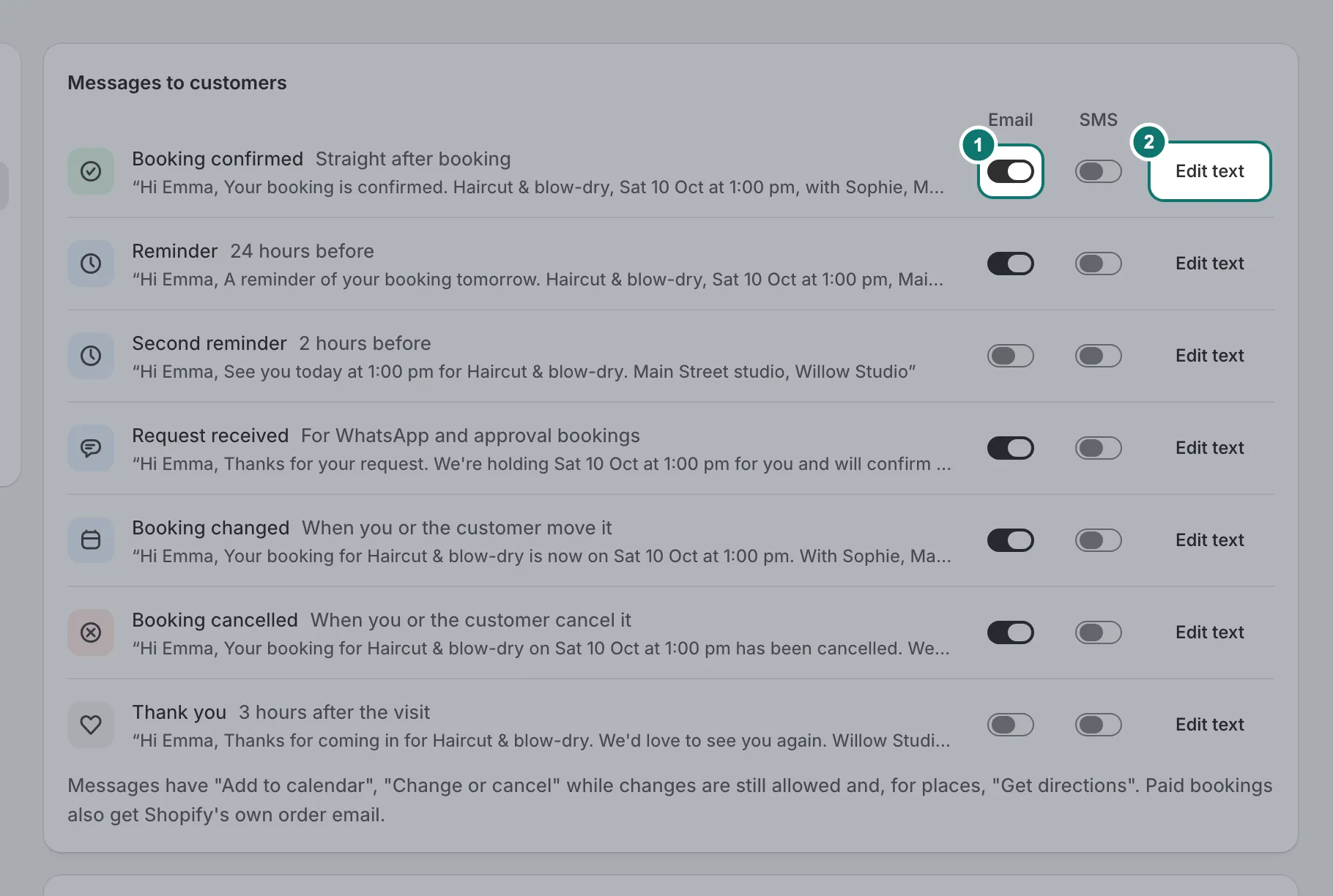 Settings › Notifications: each message with its timing, a sample, an Email switch and Edit text.