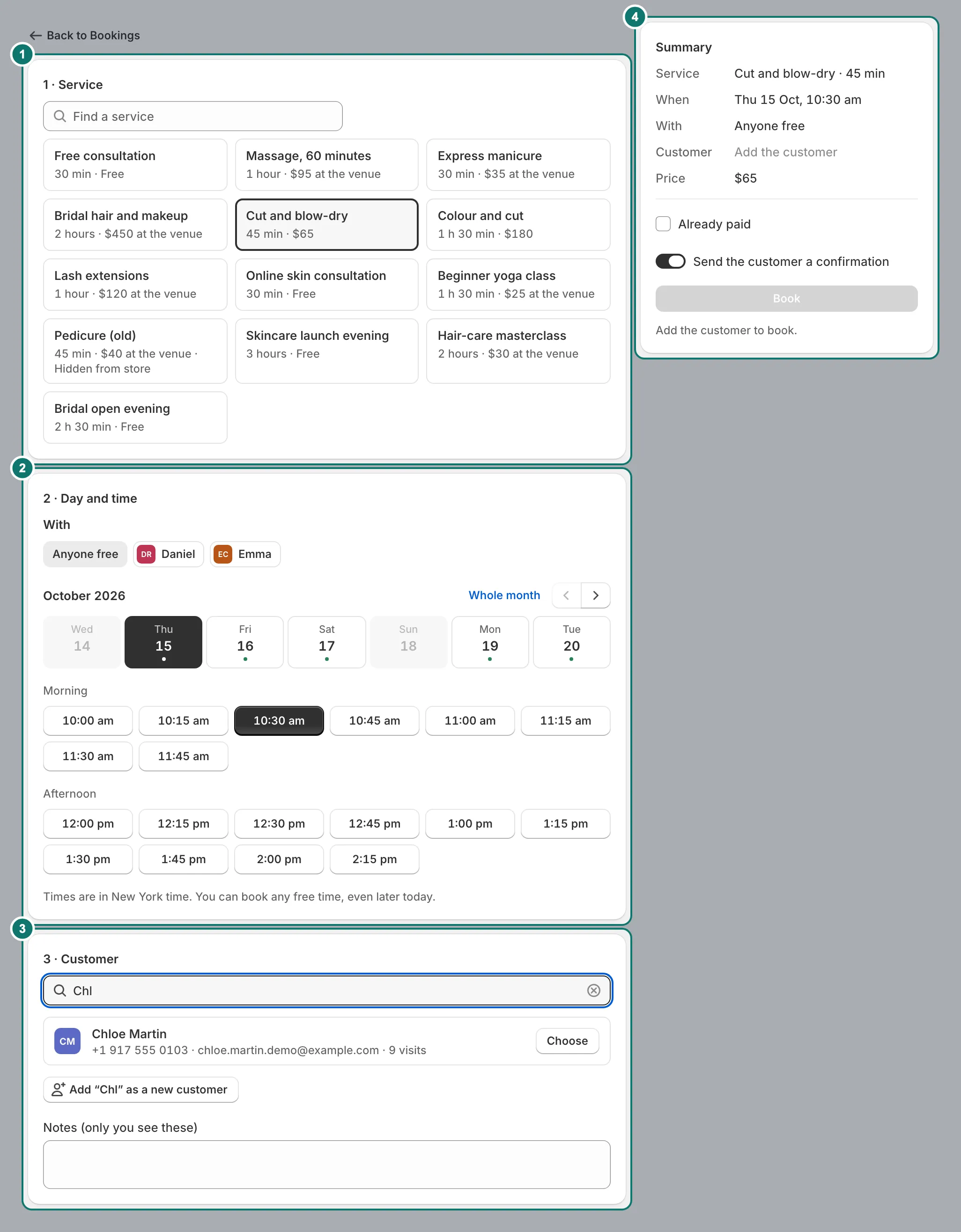 New booking: a service chosen, a day and time picked, a returning customer found by name, and the summary with Book.