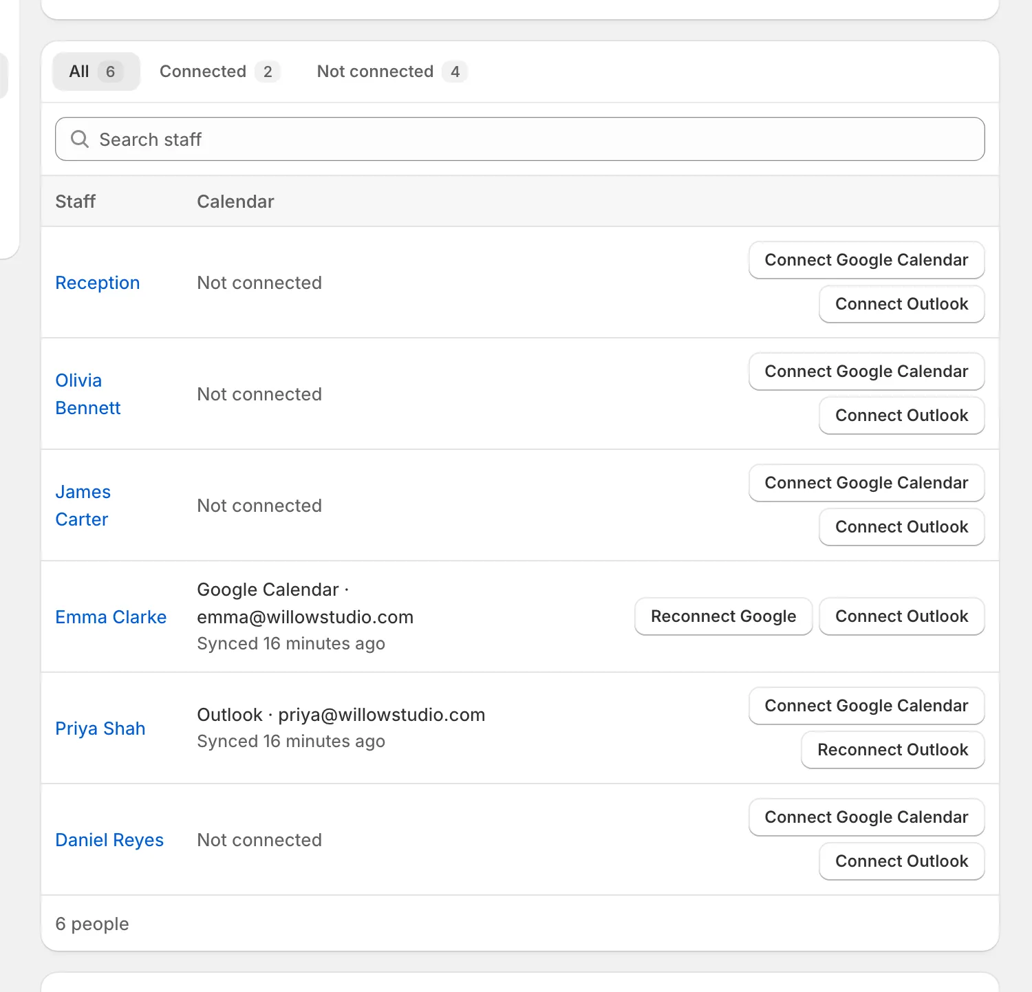 Settings › Calendar sync: each person, whether their calendar is connected, and Connect Google Calendar or Connect Outlook.
