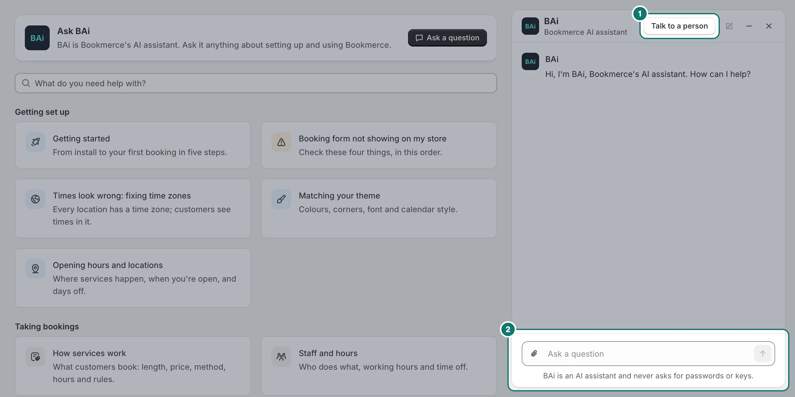 The Help page with the chat open beside it: BAi's greeting, Talk to a person at the top, and the Ask a question box at the bottom.