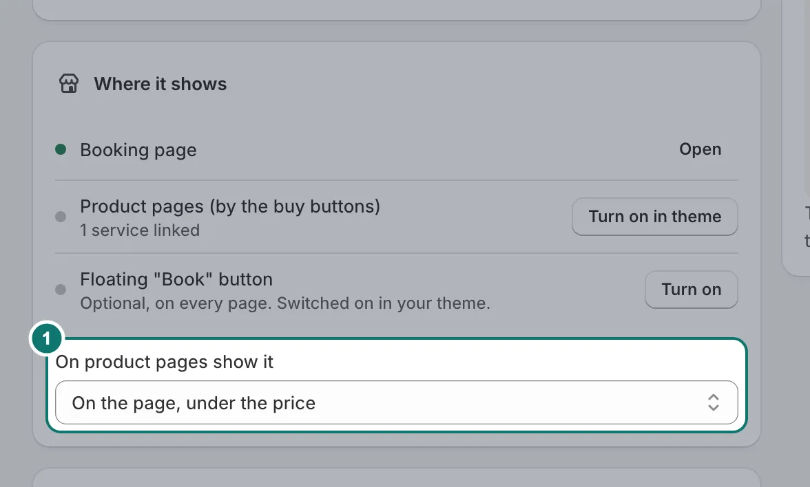 The Where it shows section of the Appearance page, with the On product pages show it setting.
