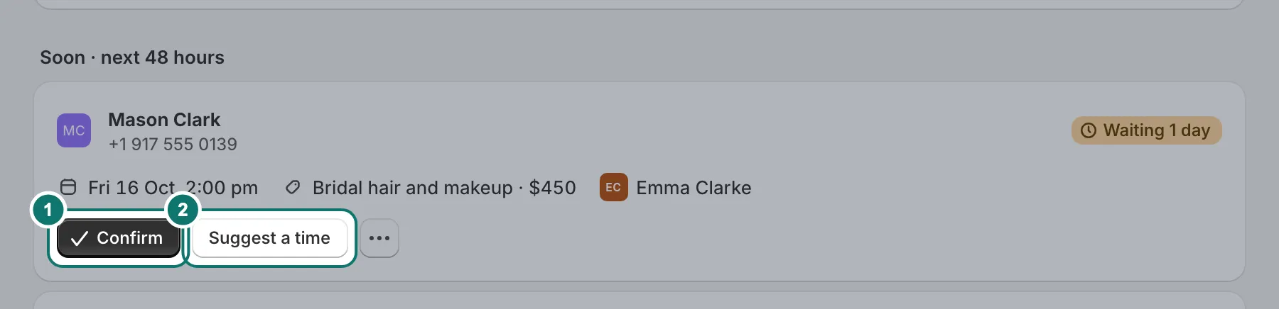 The Requests page: requests grouped by when they are, each with Confirm and Suggest a time.