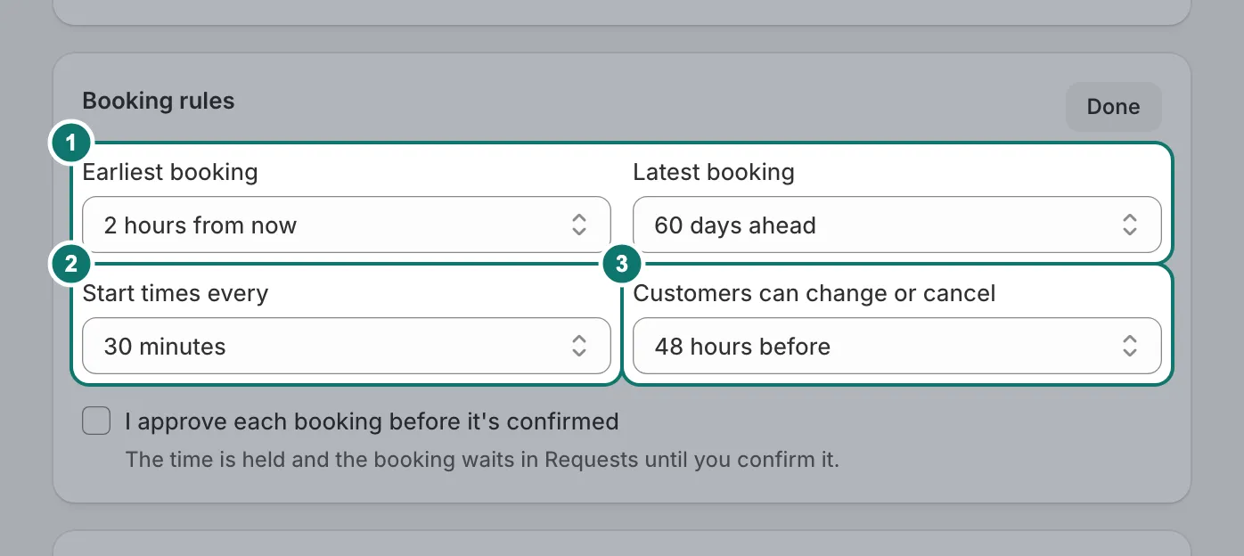 Booking rules: earliest and latest booking, start times every 30 minutes, and customers can change or cancel up to 48 hours before.