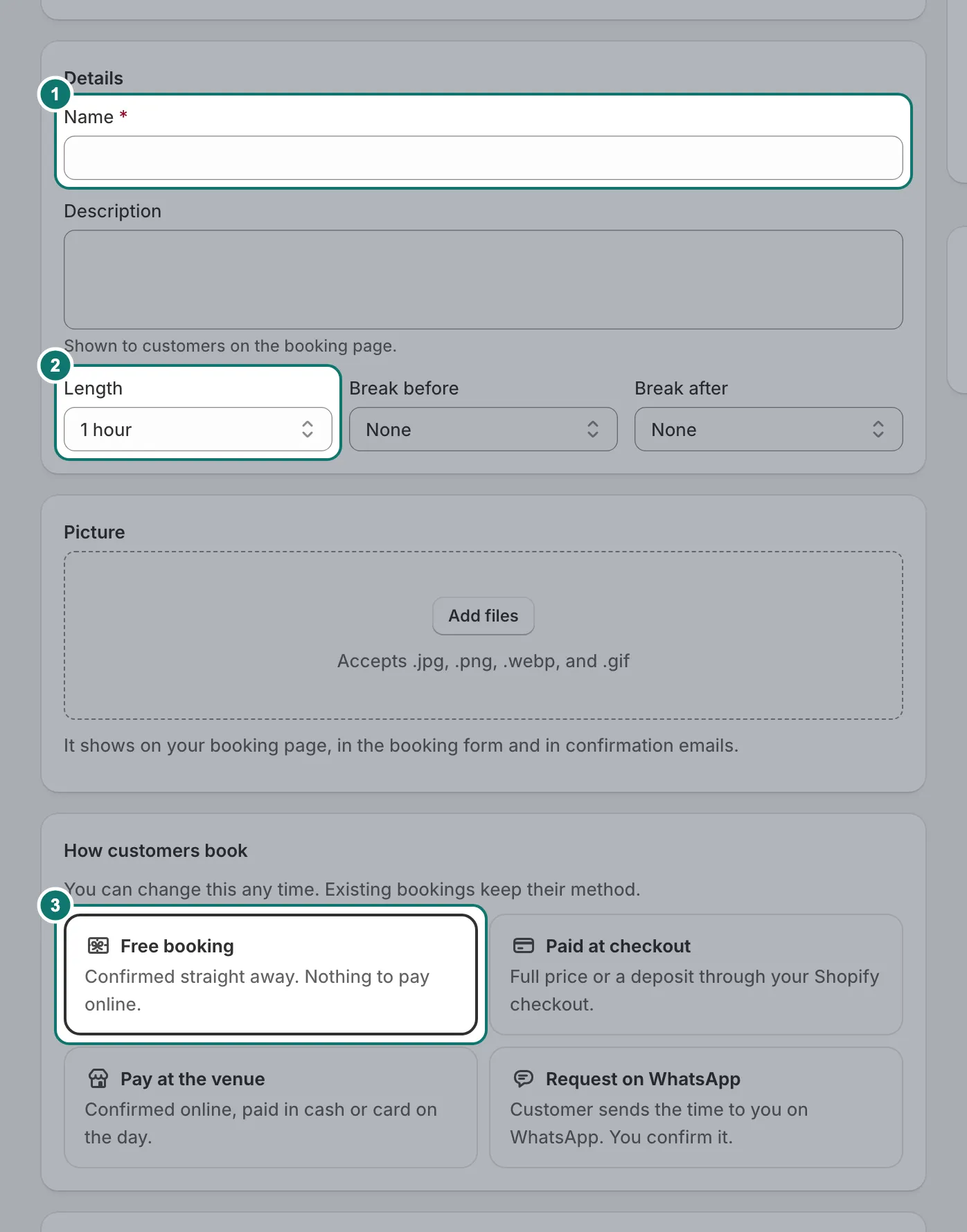 A new service: the Name and Length fields, and the four ways customers can book.