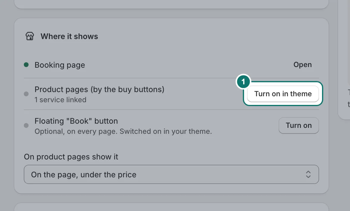 The Where it shows section of the Appearance page, with Turn on in theme next to Product pages.