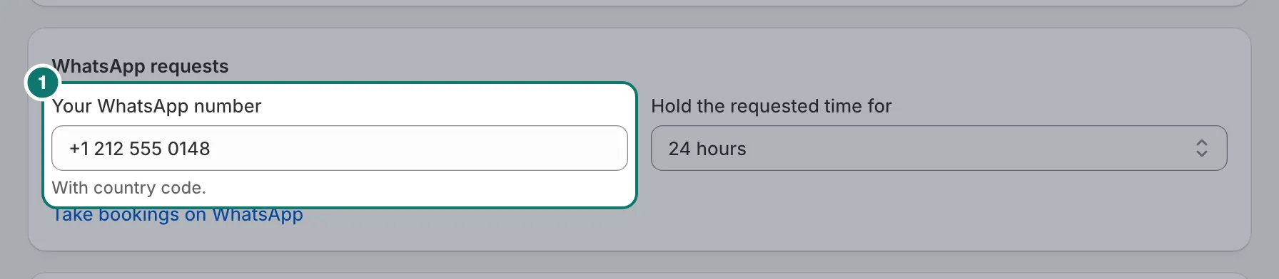The WhatsApp requests section in Settings › Payments, with the WhatsApp number filled in.